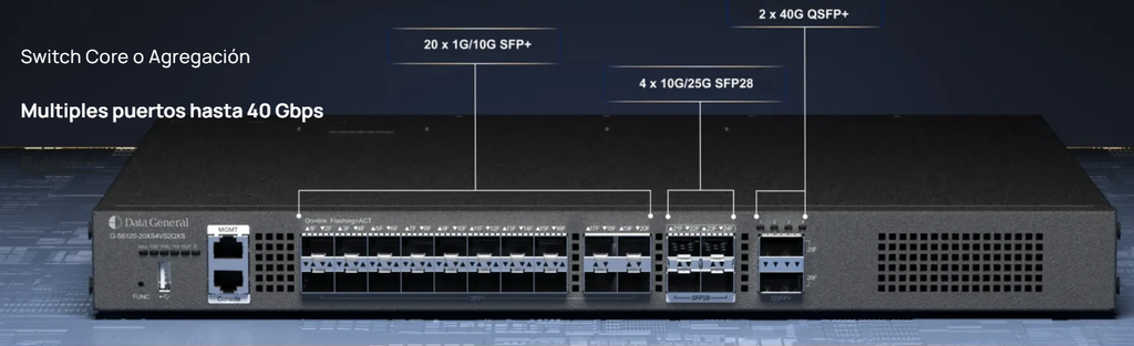 Data General DG-S6120-20XS4VS2QXS-2F Switch de Agregación, Puertos: 20x10G, 4 x 25G y 2 x 40G - Doble Fuente de alimentación incluida